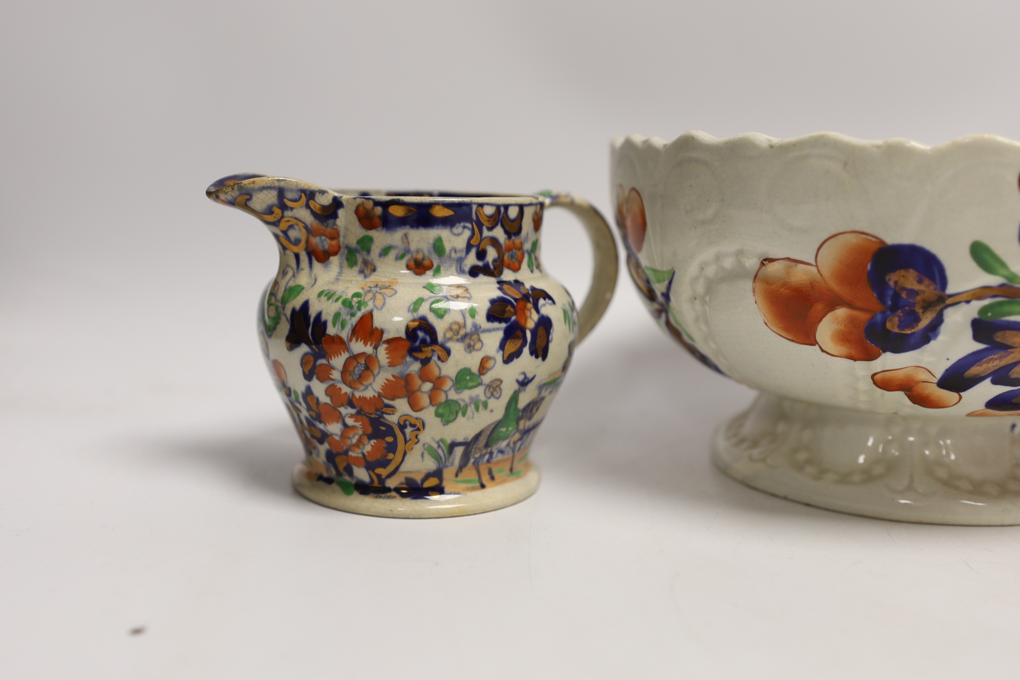 Five Welsh ‘Gaudy’ coffee cans, a large pedestal bowl and two Staffordshire jugs, bowl 21cm diameter